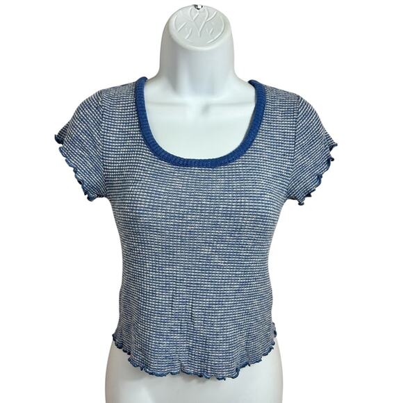 Abercrombie & Fitch Striped Blue Crop Top Sz XS Lettuce Trim Blouse Short Sleeve - Picture 2 of 7